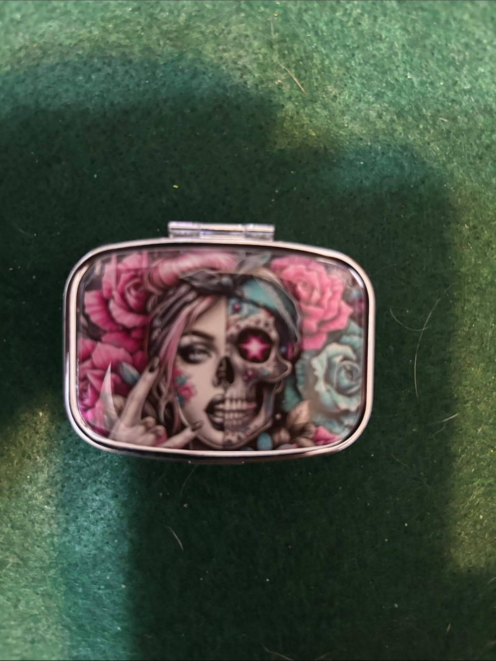 Decorative Sugar Skull Compact Mirror in Pink & Teal